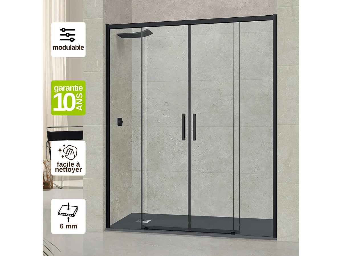 Pare douche portes coulissantes en verre ép 6mm L136/140*H195 cm, profilé noir mat, SUPERBAN Vézannes 4P