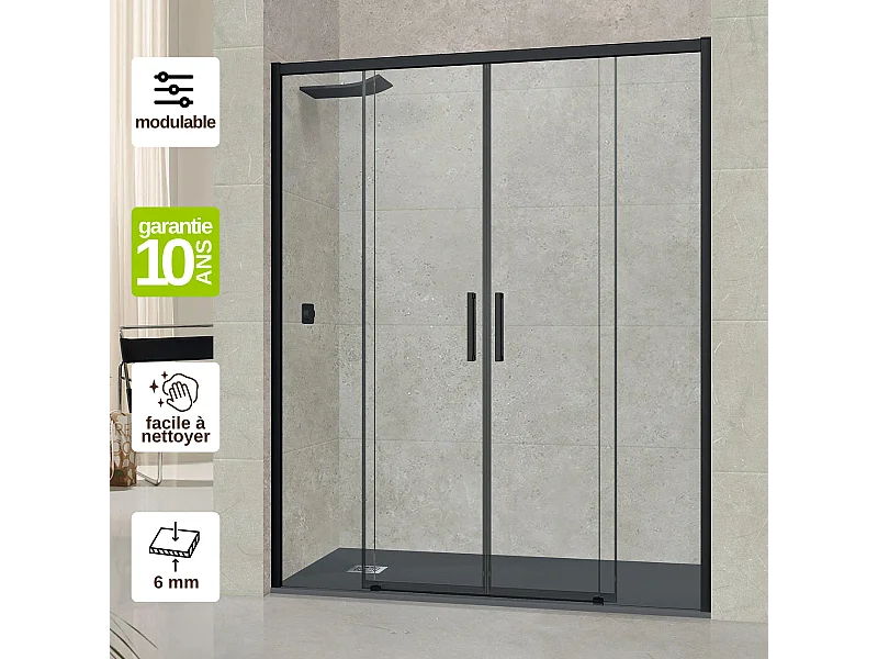 Pare douche portes coulissantes en verre ép 6mm L136/140*H195 cm, profilé noir mat, SUPERBAN Vézannes 4P