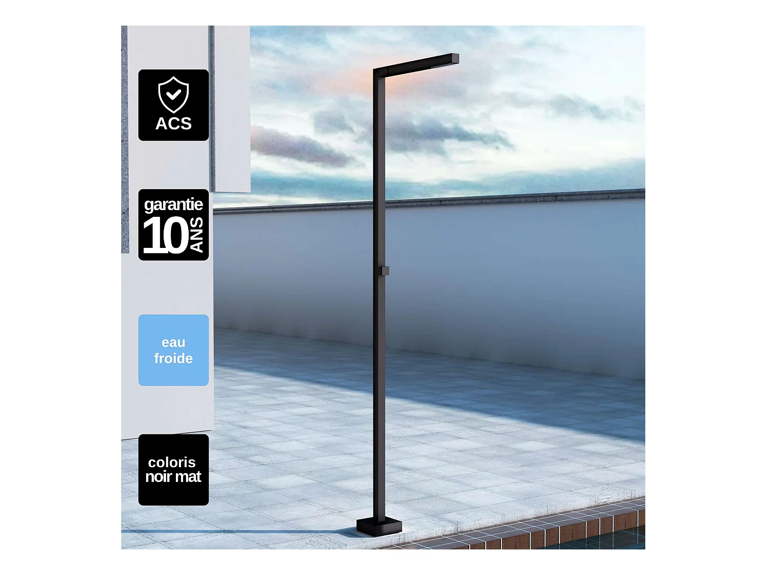 Douche de piscine Alabama en Acier Inox.S316 Noir Mat – Tête 40x40mm /Corps 40x40mm/H. 2,25m – Garantie 10 ans - POOLIMEX