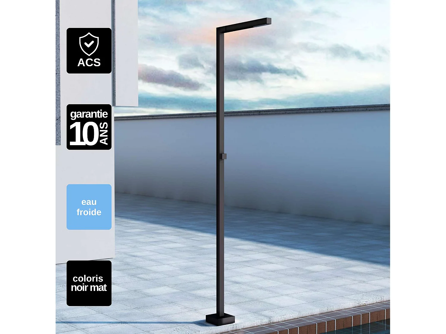 Douche de piscine Alabama en Acier Inox.S316 Noir Mat – Tête 40x40mm /Corps 40x40mm/H. 2,25m – Garantie 10 ans - POOLIMEX