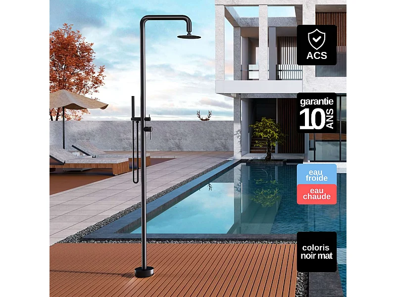 Douche de piscine Florida en Acier Inox.S316 Noir Mat– Tête Ø25cm /Corps Ø42mm/H. 2,22m – Garantie 10 ans - POOLIMEX