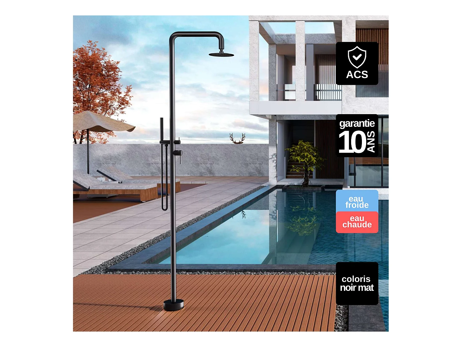Douche de piscine Florida en Acier Inox.S316 Noir Mat– Tête Ø25cm /Corps Ø42mm/H. 2,22m – Garantie 10 ans - POOLIMEX