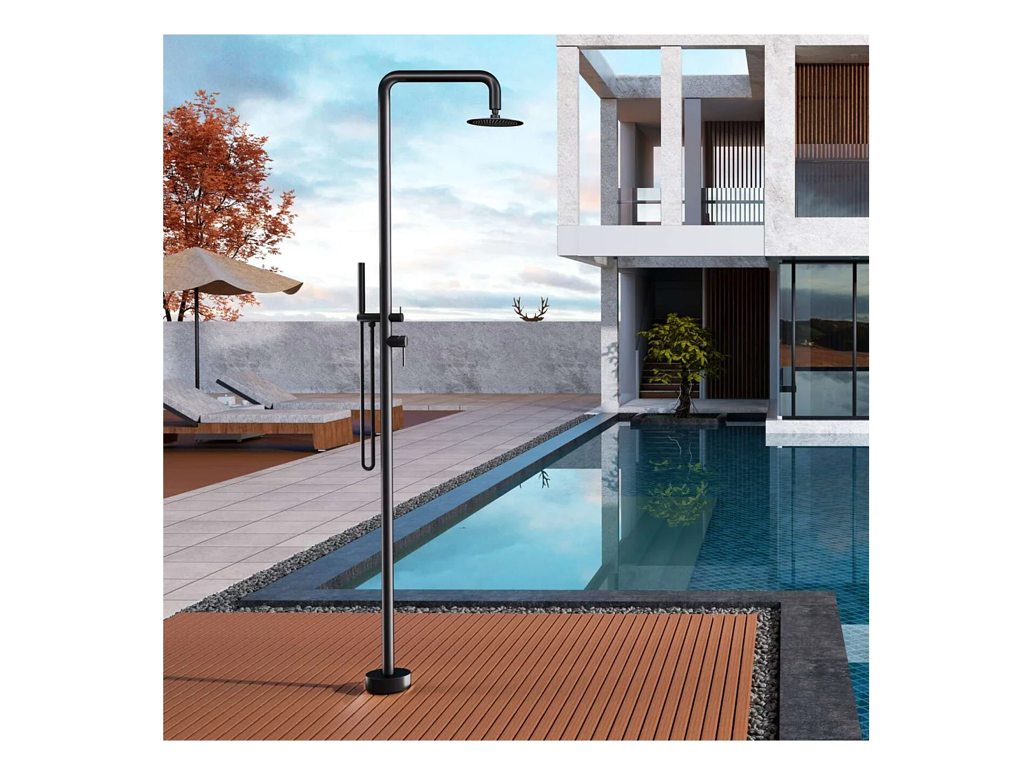 Douche de piscine Florida en Acier Inox.S316 Noir Mat– Tête Ø25cm /Corps Ø42mm/H. 2,22m – Garantie 10 ans - POOLIMEX