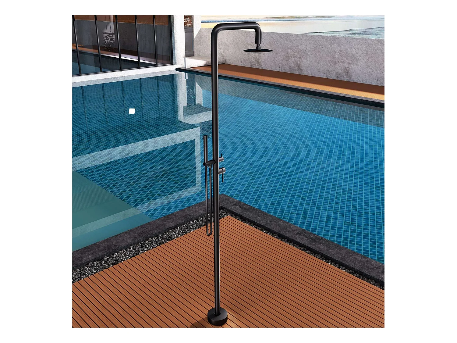 Douche de piscine Florida en Acier Inox.S316 Noir Mat– Tête Ø25cm /Corps Ø42mm/H. 2,22m – Garantie 10 ans - POOLIMEX