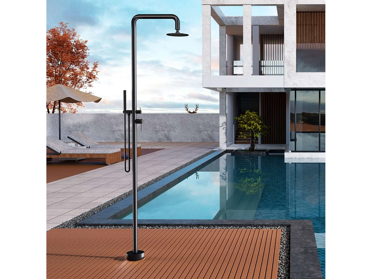 Douche de piscine Florida en Acier Inox.S316 Noir Mat– Tête Ø25cm /Corps Ø42mm/H. 2,22m – Garantie 10 ans - POOLIMEX