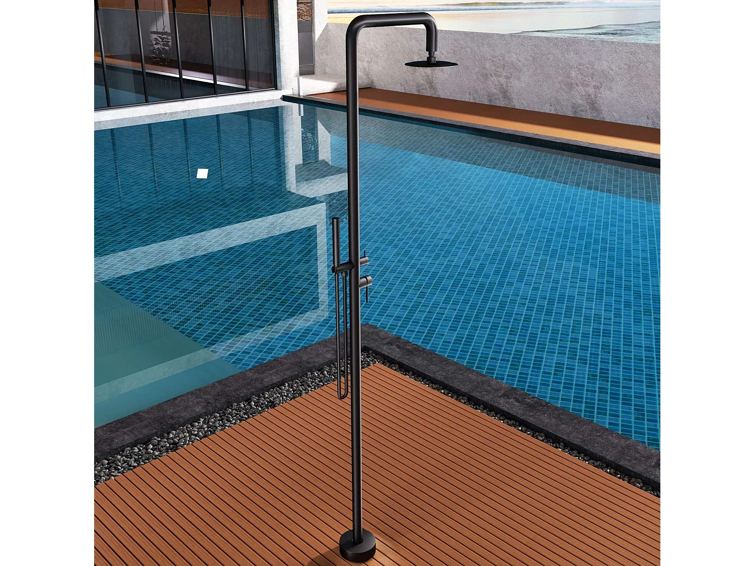 Douche de piscine Florida en Acier Inox.S316 Noir Mat– Tête Ø25cm /Corps Ø42mm/H. 2,22m – Garantie 10 ans - POOLIMEX
