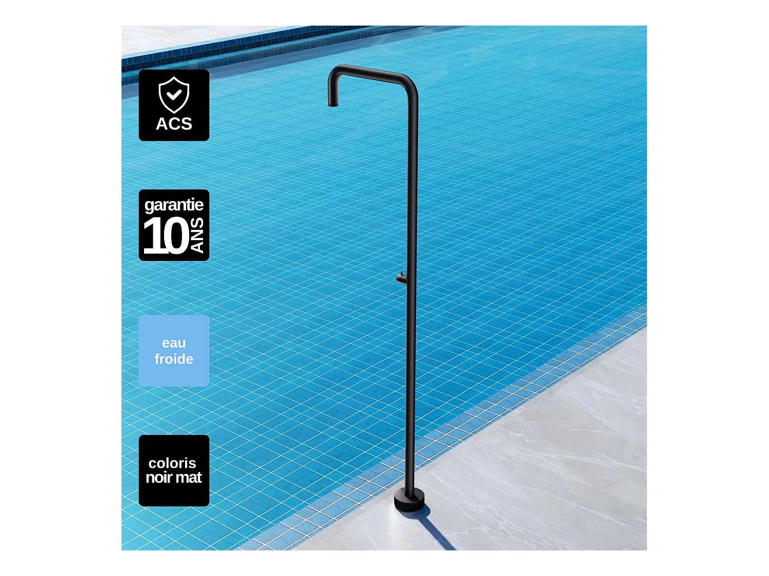 Douche de piscine Utah en Acier Inox.S316 Noir Mat – Tête Ø50cm /Corps Ø50mm/H. 2,36m – Garantie 10 ans - POOLIMEX