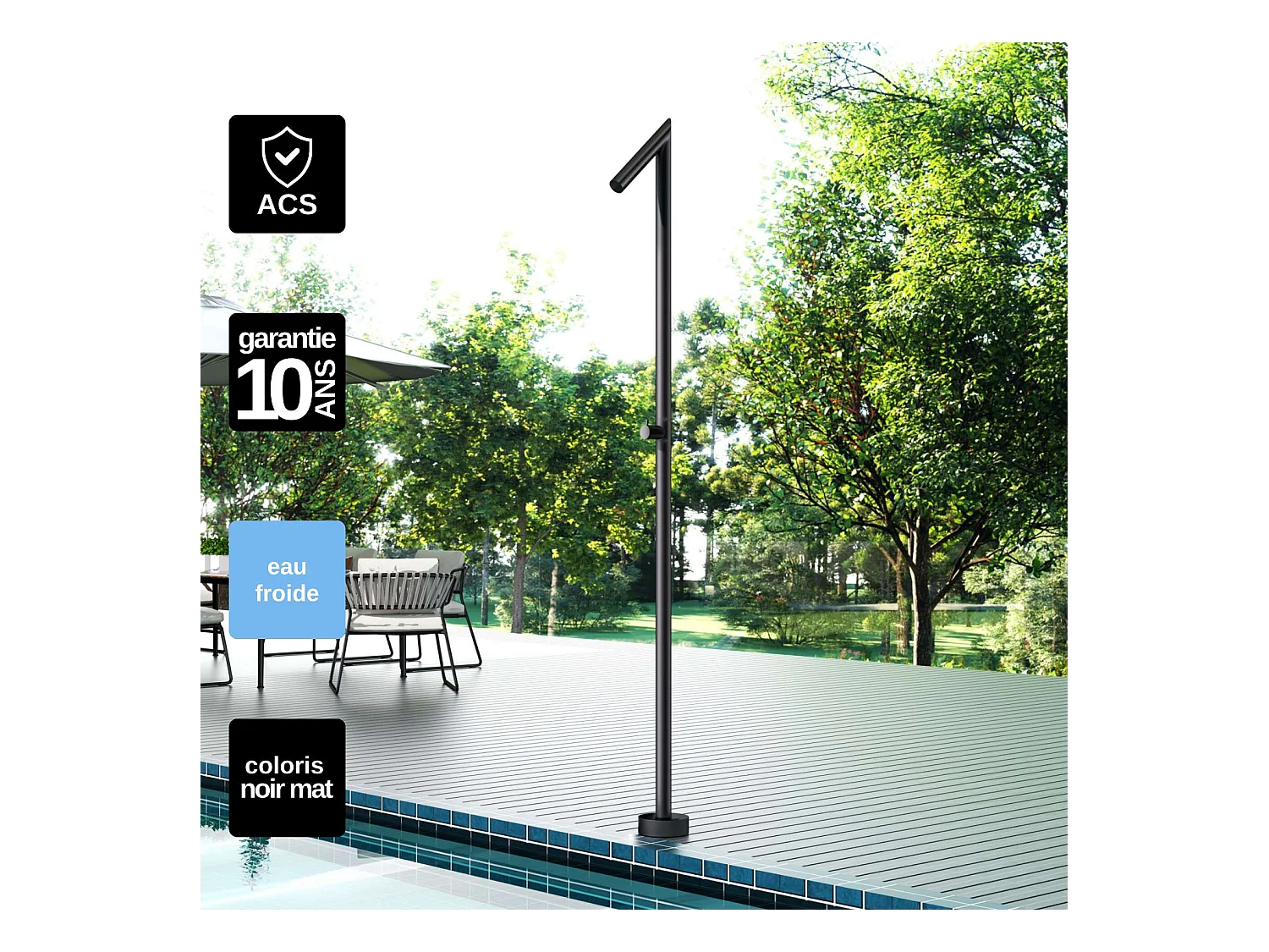 Douche de piscine Oklhaoma en Acier Inox.S316  – Tête Ø50mm /Corps Ø50mm/H. 2,21m – Garantie 10 ans - POOLIMEX