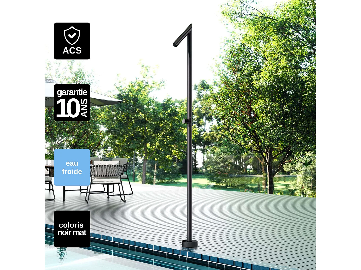 Douche de piscine Oklhaoma en Acier Inox.S316  – Tête Ø50mm /Corps Ø50mm/H. 2,21m – Garantie 10 ans - POOLIMEX