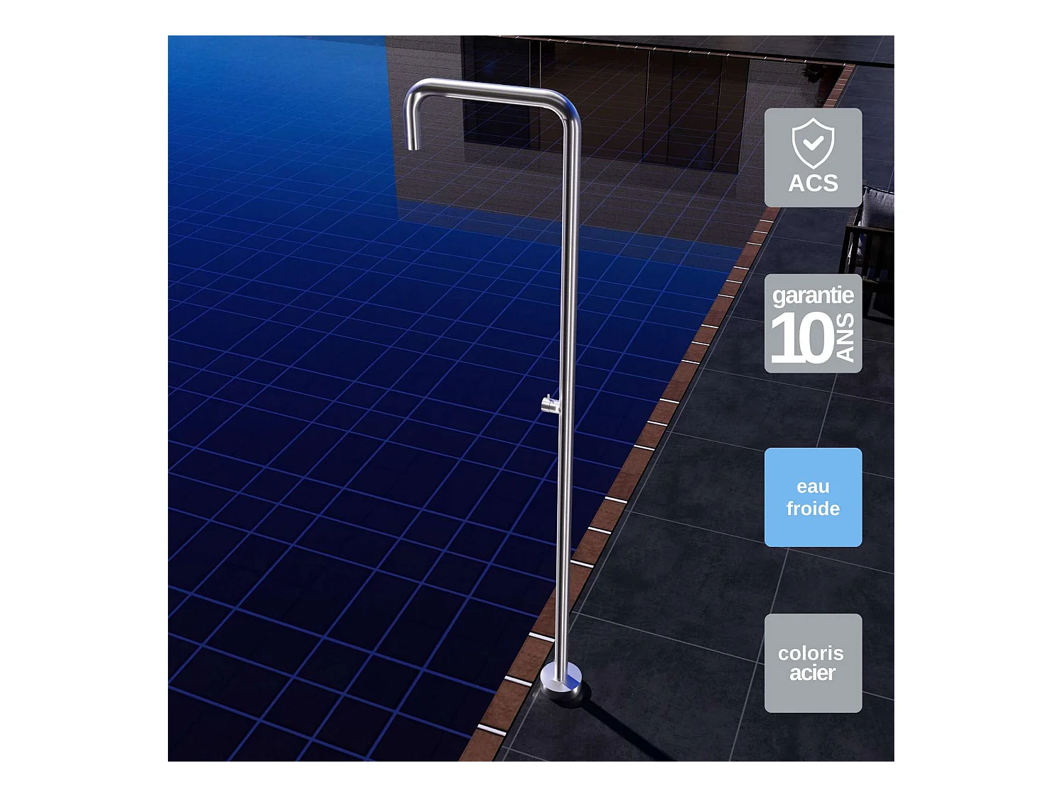 Douche de piscine Utah en Acier Inox.S316 – Tête Ø50cm /Corps Ø50mm/H. 2,36m – Garantie 10 ans - POOLIMEX