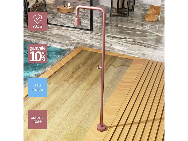 Douche de piscine Pool en Acier Inox.S316  Rose Corail – Tête Ø80mm /Corps Ø42mm/H. 2,36m – Garantie 10 ans - POOLIMEX