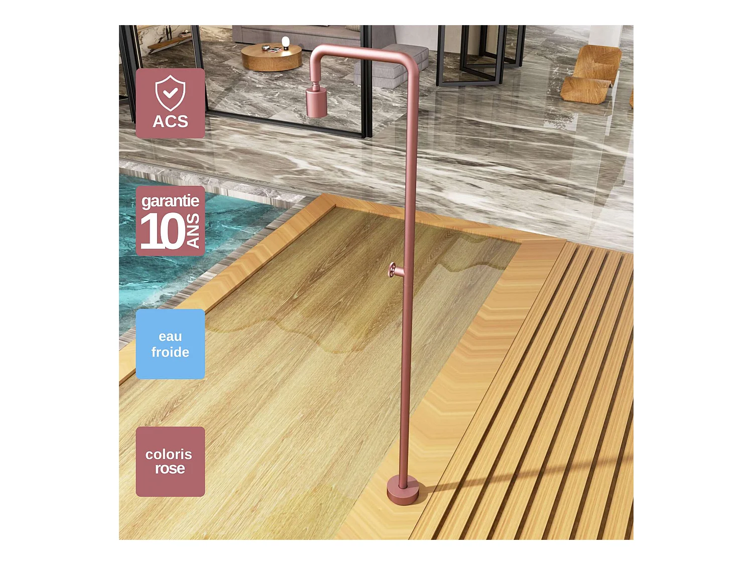 Douche de piscine Pool en Acier Inox.S316  Rose Corail – Tête Ø80mm /Corps Ø42mm/H. 2,36m – Garantie 10 ans - POOLIMEX