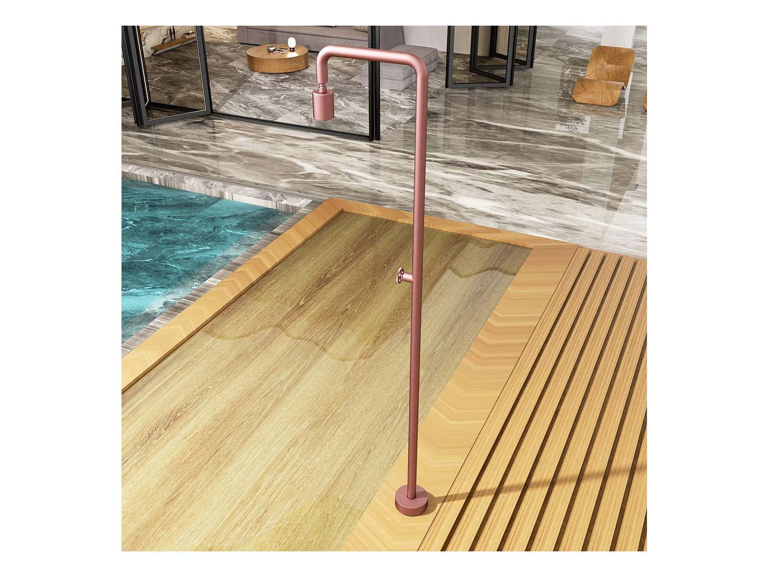 Douche de piscine Pool en Acier Inox.S316  Rose Corail – Tête Ø80mm /Corps Ø42mm/H. 2,36m – Garantie 10 ans - POOLIMEX