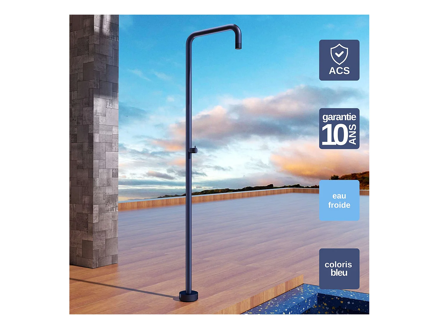 Douche de piscine Utah en Acier Inox.S316 Bleu Océan– Tête Ø50cm /Corps Ø50mm/H. 2,36m – Garantie 10 ans - POOLIMEX