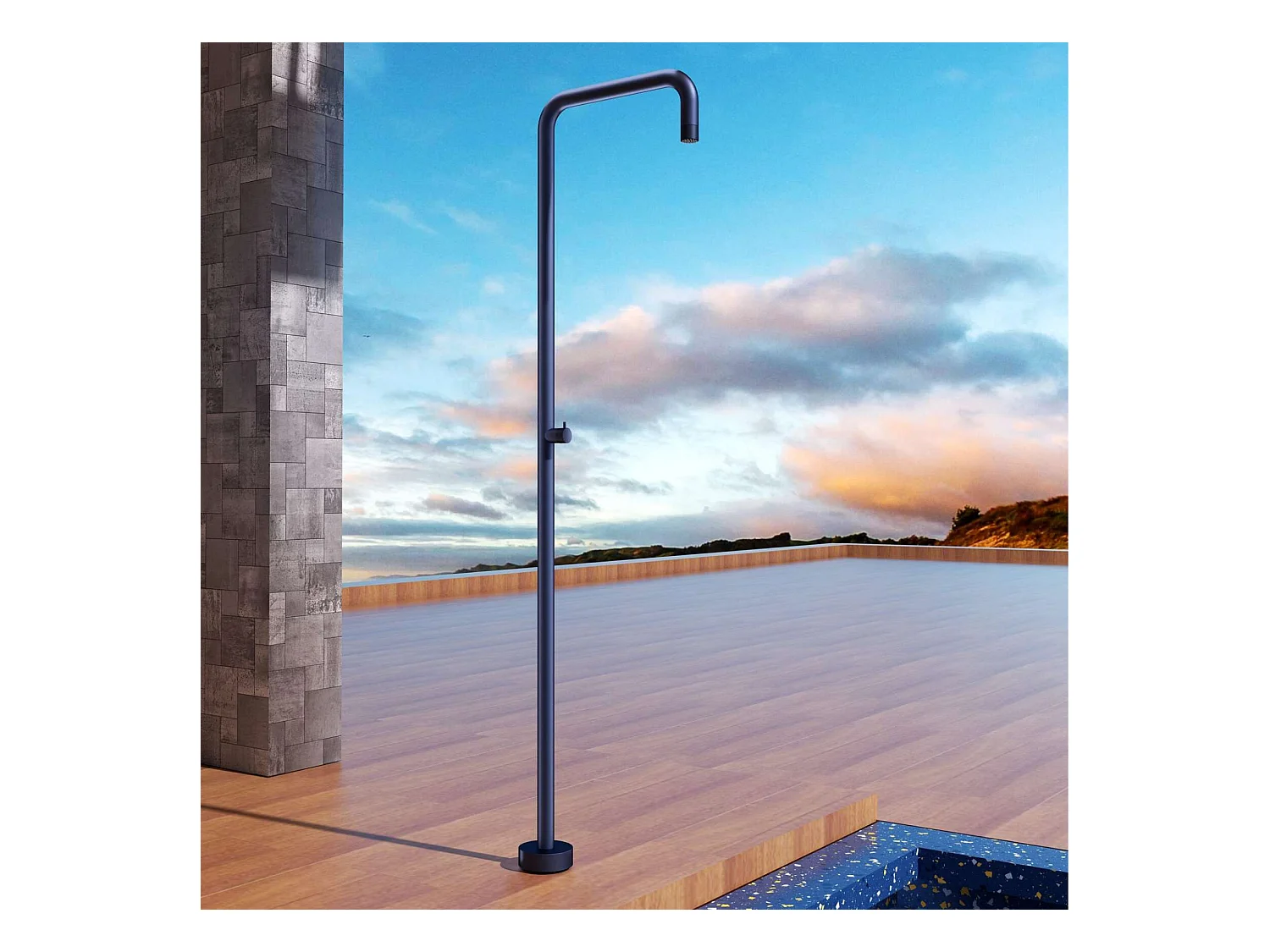 Douche de piscine Utah en Acier Inox.S316 Bleu Océan– Tête Ø50cm /Corps Ø50mm/H. 2,36m – Garantie 10 ans - POOLIMEX