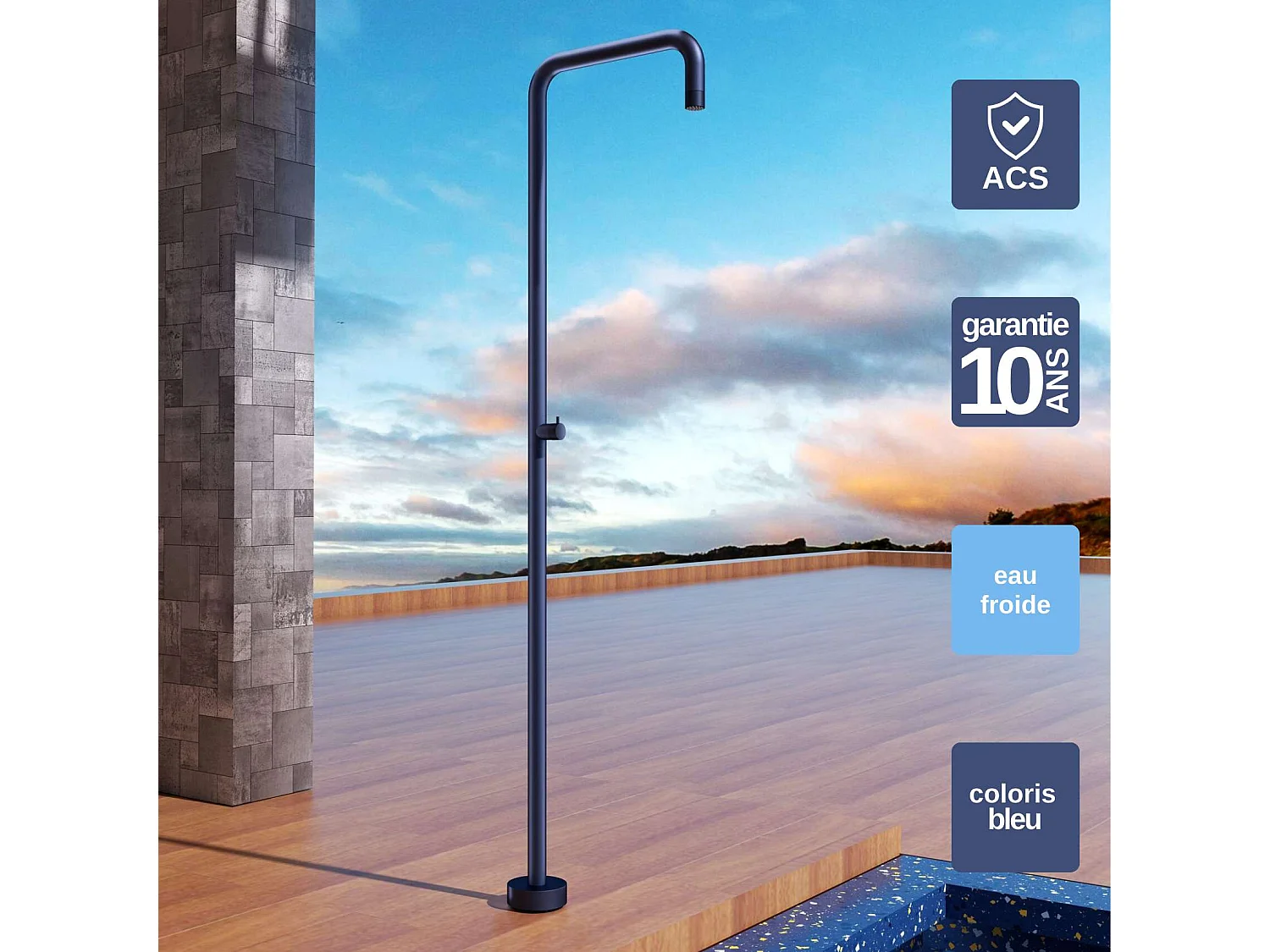 Douche de piscine Utah en Acier Inox.S316 Bleu Océan– Tête Ø50cm /Corps Ø50mm/H. 2,36m – Garantie 10 ans - POOLIMEX