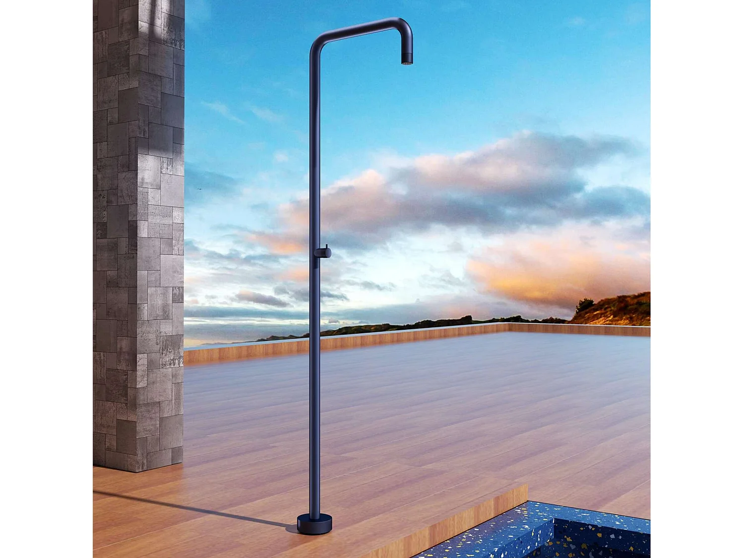 Douche de piscine Utah en Acier Inox.S316 Bleu Océan– Tête Ø50cm /Corps Ø50mm/H. 2,36m – Garantie 10 ans - POOLIMEX