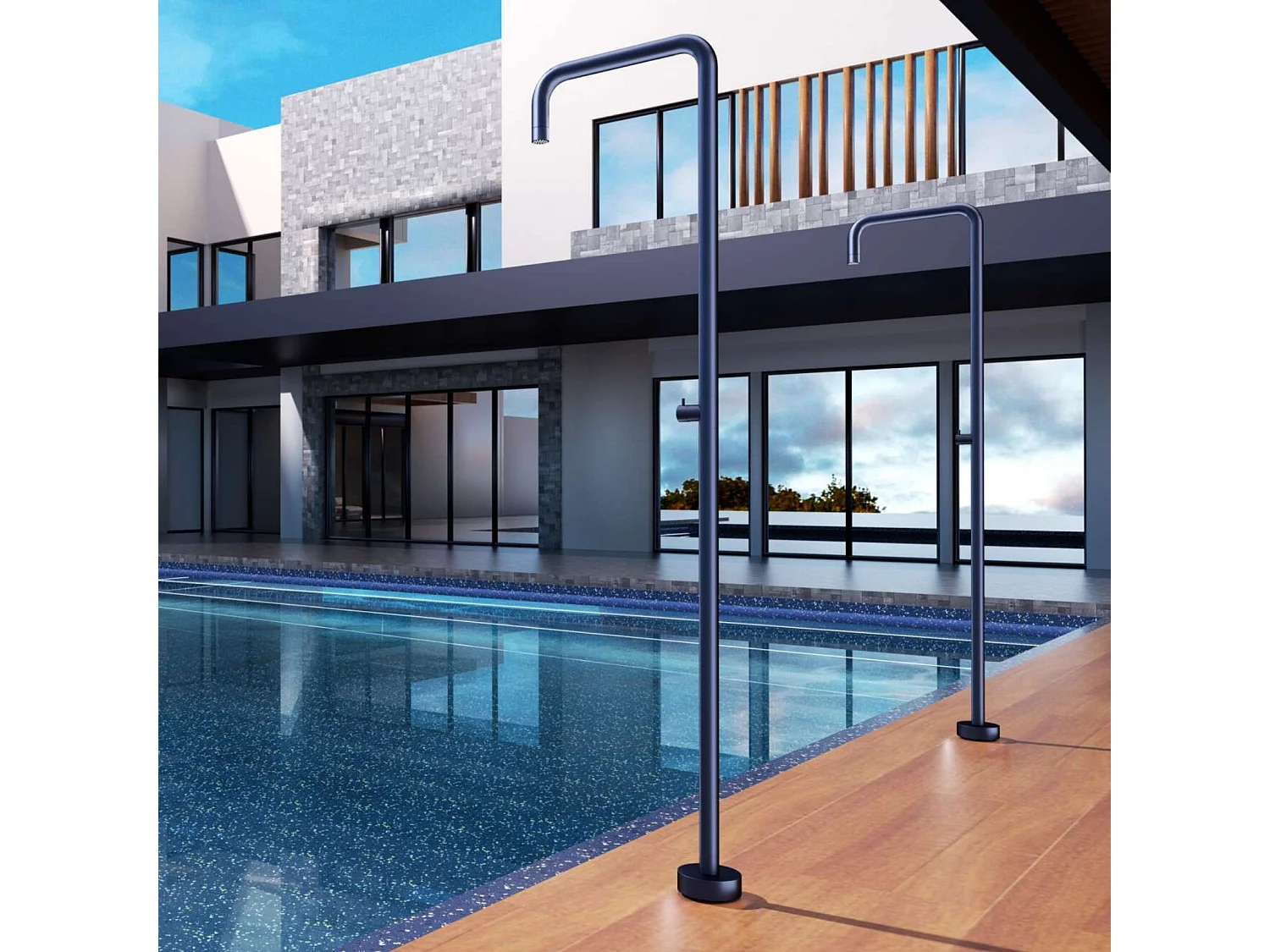 Douche de piscine Utah en Acier Inox.S316 Bleu Océan– Tête Ø50cm /Corps Ø50mm/H. 2,36m – Garantie 10 ans - POOLIMEX