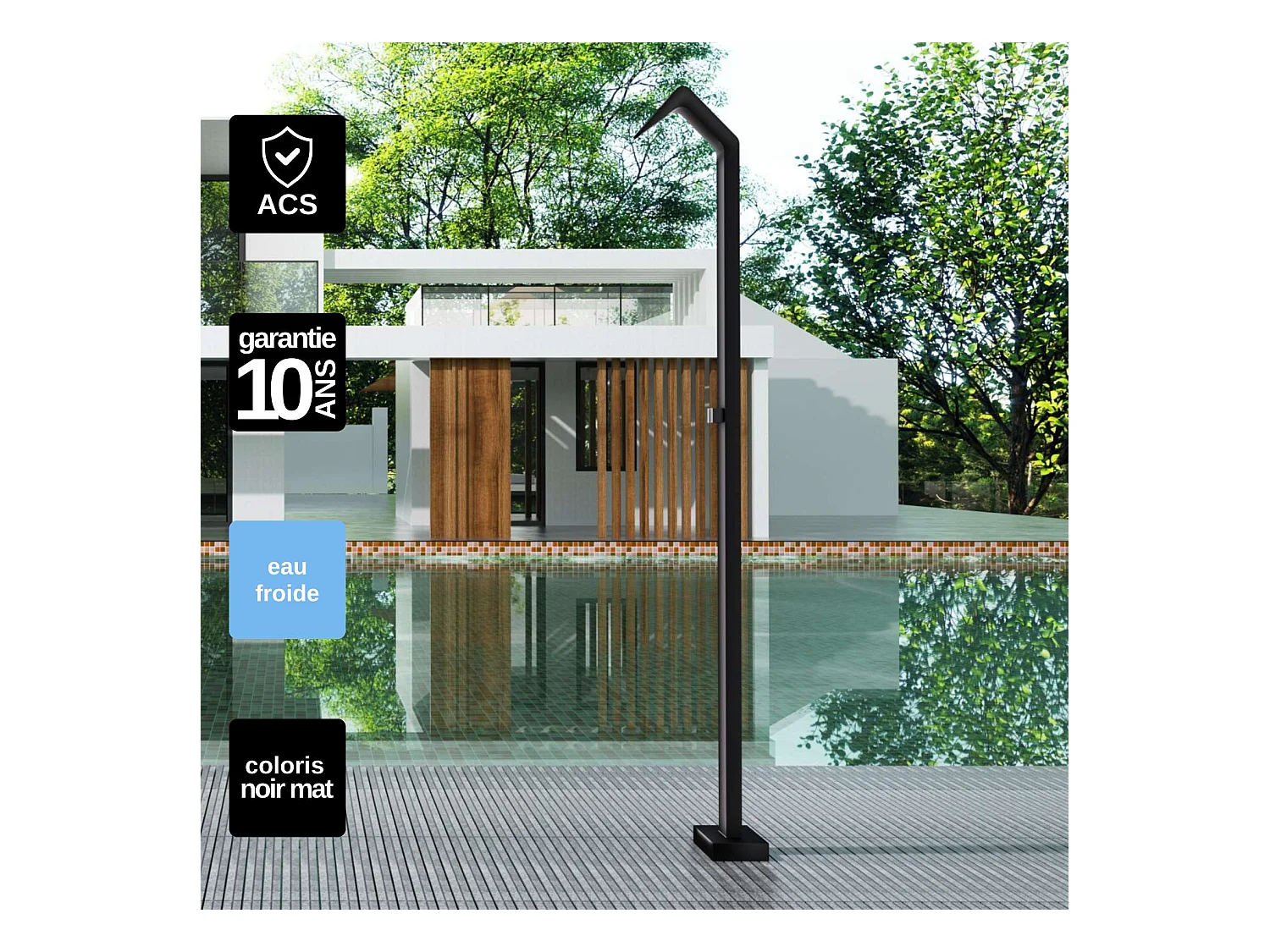 Douche de piscine Niagara en Acier Inox.S316 Noir Matt – Tête 60x45mm /Corps 60x45mm/H. 2,18m – Garantie 10 ans - POOLIMEX