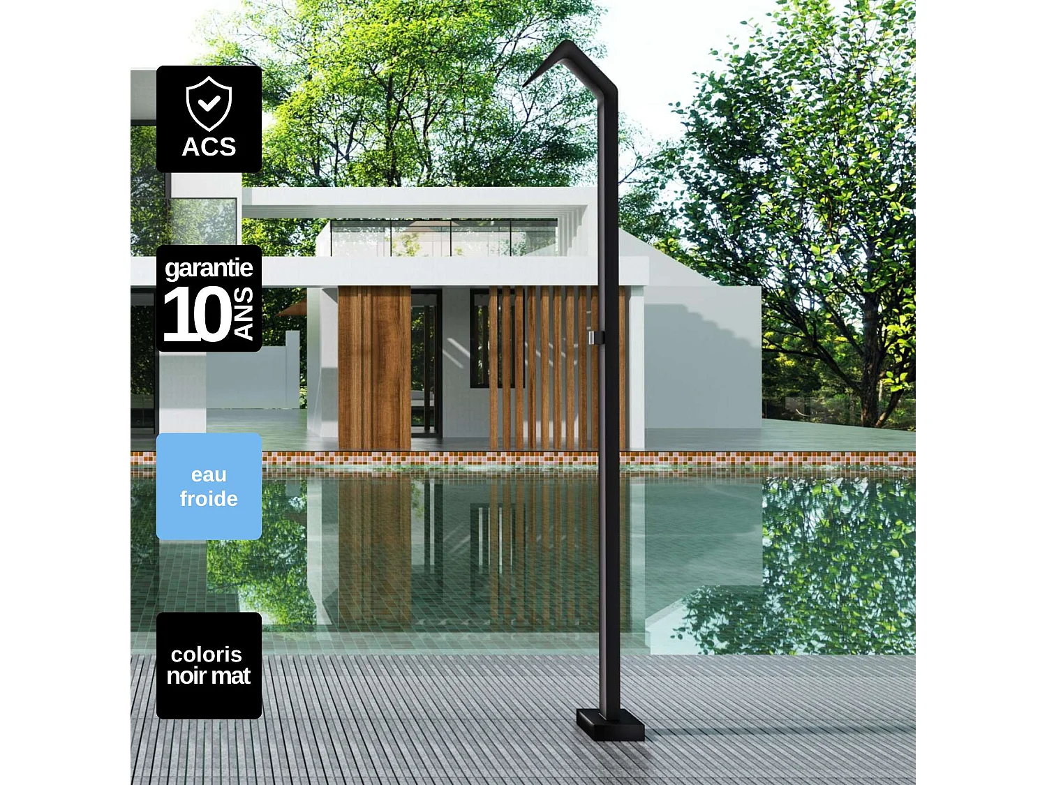 Douche de piscine Niagara en Acier Inox.S316 Noir Matt – Tête 60x45mm /Corps 60x45mm/H. 2,18m – Garantie 10 ans - POOLIMEX