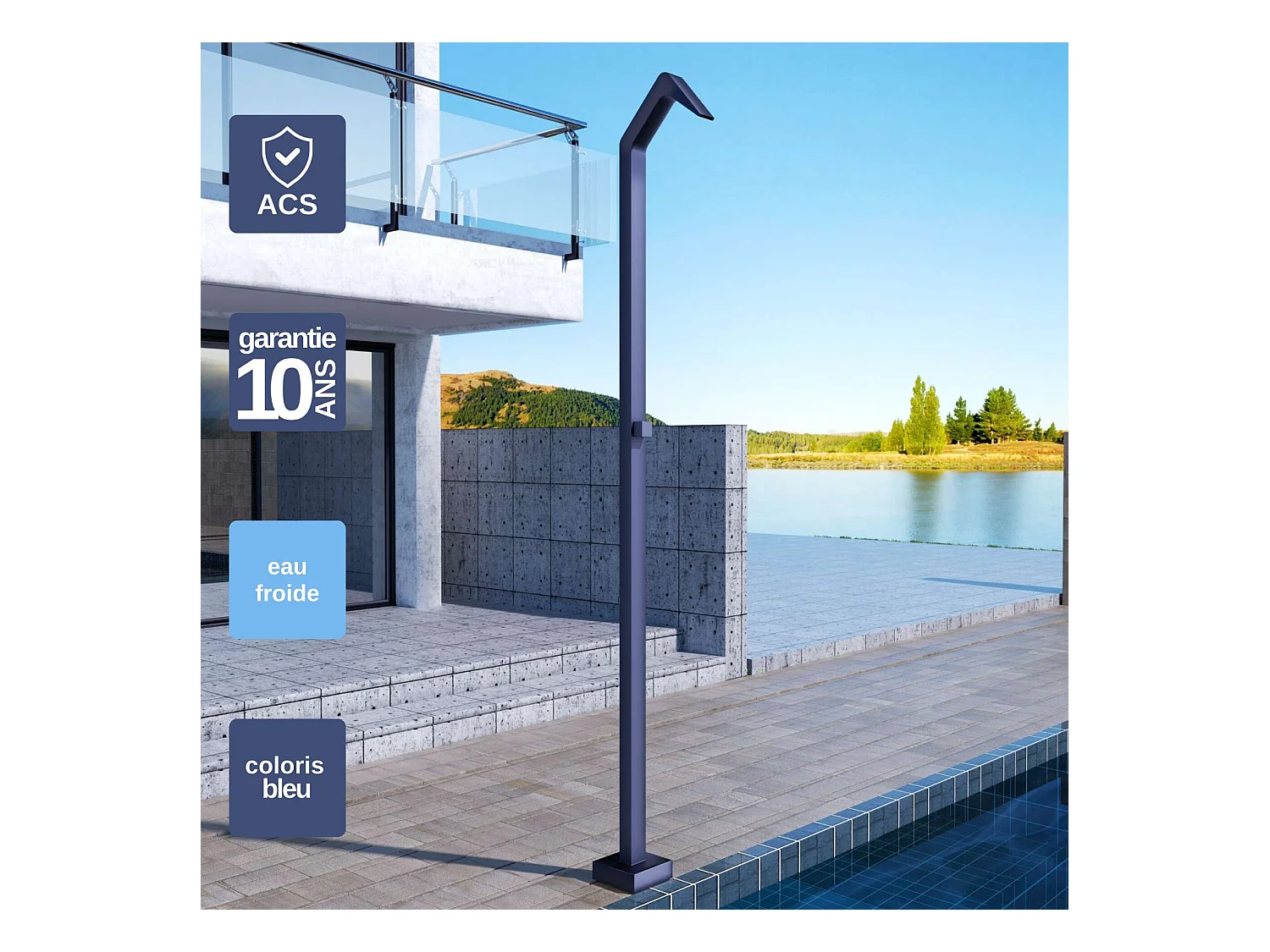 Douche de piscine Niagara en Acier Inox.S316 Bleu Océan – Tête 60x45mm /Corps 60x45mm/H. 2,18m – Garantie 10 ans - POOLIMEX