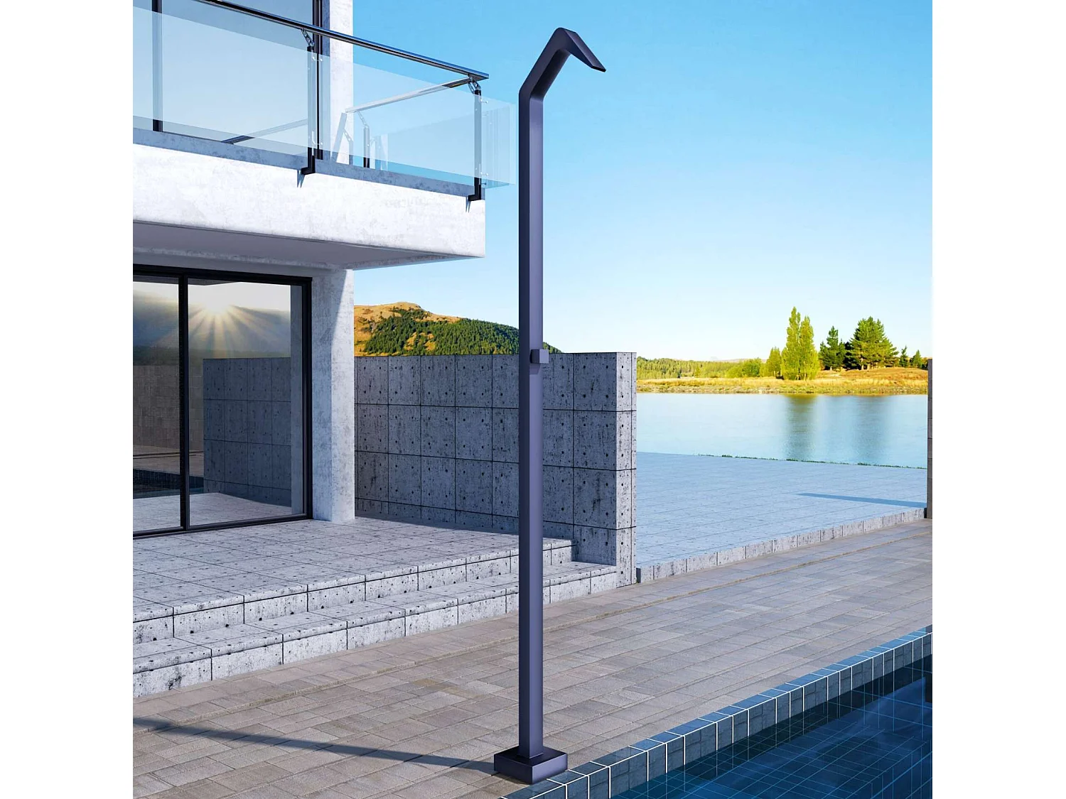 Douche de piscine Niagara en Acier Inox.S316 Bleu Océan – Tête 60x45mm /Corps 60x45mm/H. 2,18m – Garantie 10 ans - POOLIMEX