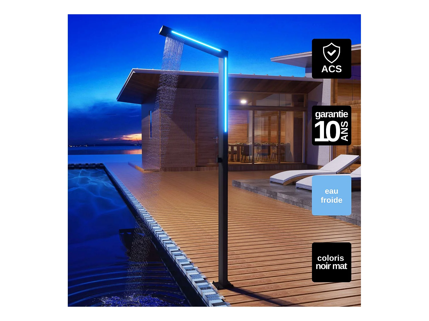 Douche de piscine Sense Éclairage Led en Acier Inox.S316 Noir Mat – Tête 54mm /H. 2,07m – Garantie 10 ans - POOLIMEX