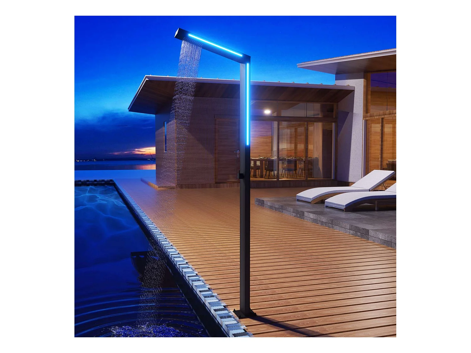 Douche de piscine Sense Éclairage Led en Acier Inox.S316 Noir Mat – Tête 54mm /H. 2,07m – Garantie 10 ans - POOLIMEX