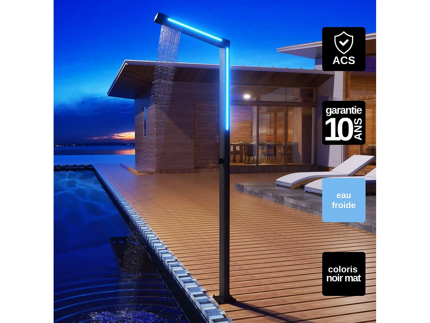 Douche de piscine Sense Éclairage Led en Acier Inox.S316 Noir Mat – Tête 54mm /H. 2,07m – Garantie 10 ans - POOLIMEX