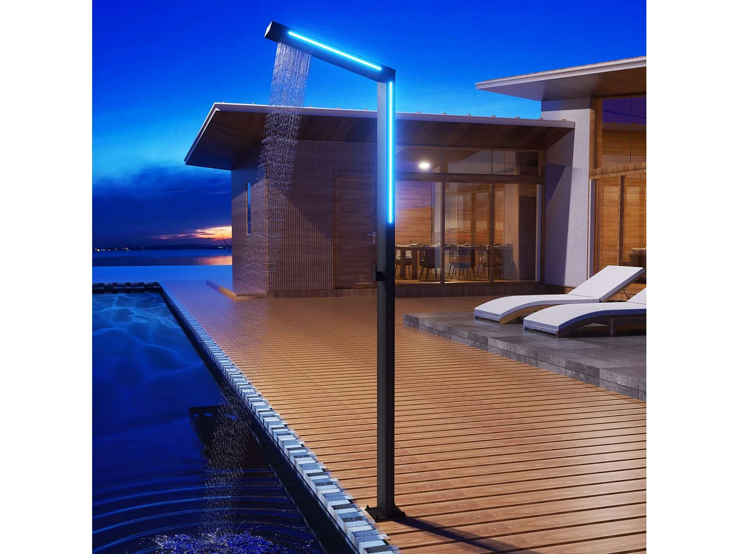 Douche de piscine Sense Éclairage Led en Acier Inox.S316 Noir Mat – Tête 54mm /H. 2,07m – Garantie 10 ans - POOLIMEX