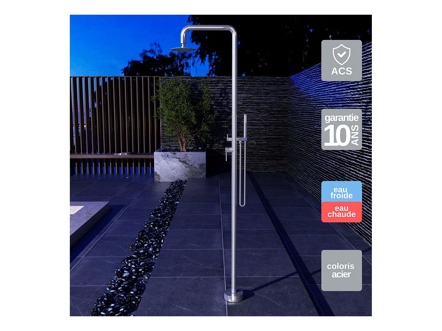 Douche de piscine Florida en Acier Inox.S316 – Tête Ø25cm /Corps Ø42mm/H. 2,22m – Garantie 10 ans - POOLIMEX