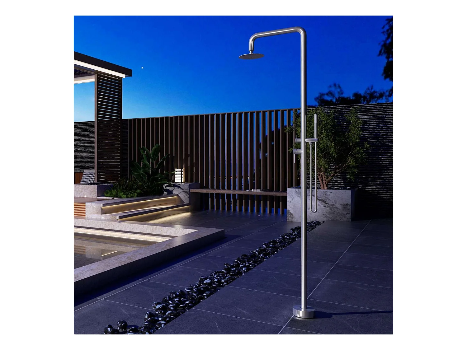 Douche de piscine Florida en Acier Inox.S316 – Tête Ø25cm /Corps Ø42mm/H. 2,22m – Garantie 10 ans - POOLIMEX