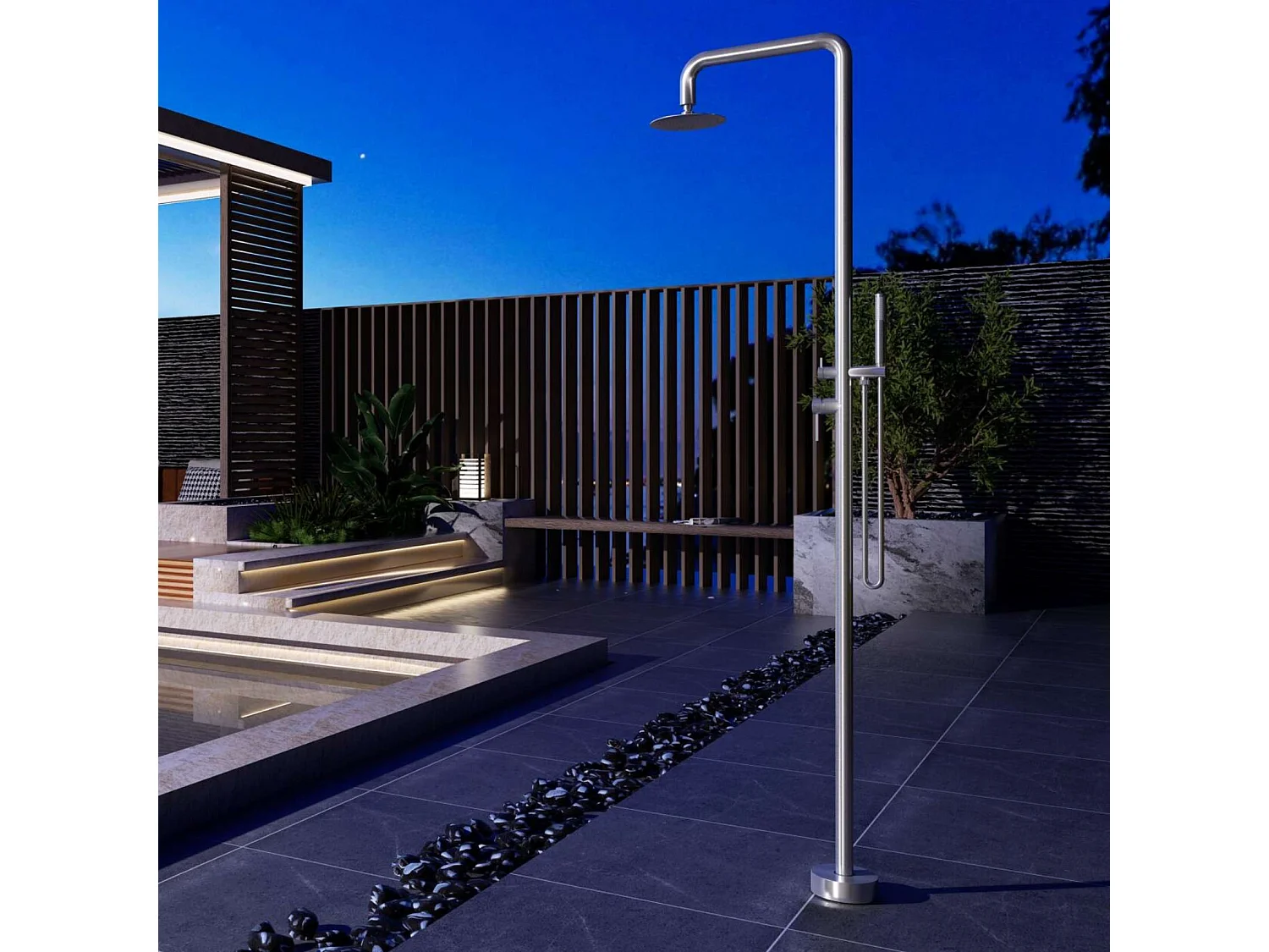 Douche de piscine Florida en Acier Inox.S316 – Tête Ø25cm /Corps Ø42mm/H. 2,22m – Garantie 10 ans - POOLIMEX