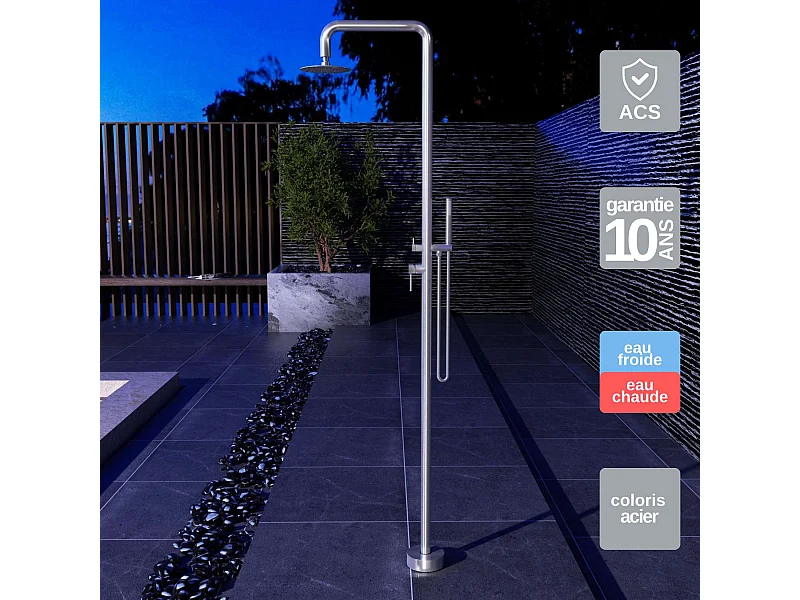 Douche de piscine Florida en Acier Inox.S316 – Tête Ø25cm /Corps Ø42mm/H. 2,22m – Garantie 10 ans - POOLIMEX