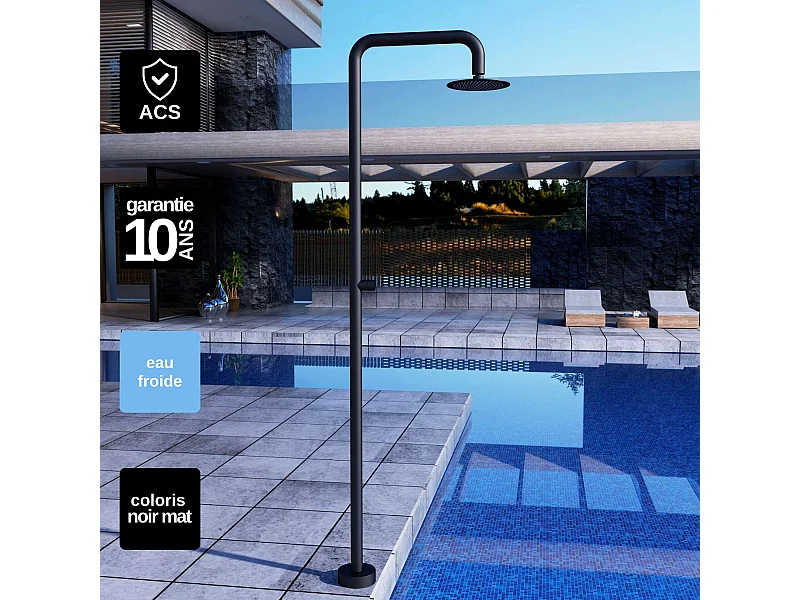 Douche de piscine Oregon en Acier Inox.S316 Noir Mat – Tête Ø25cm /Corps Ø50mm/H. 2,34m – Garantie 10 ans - POOLIMEX