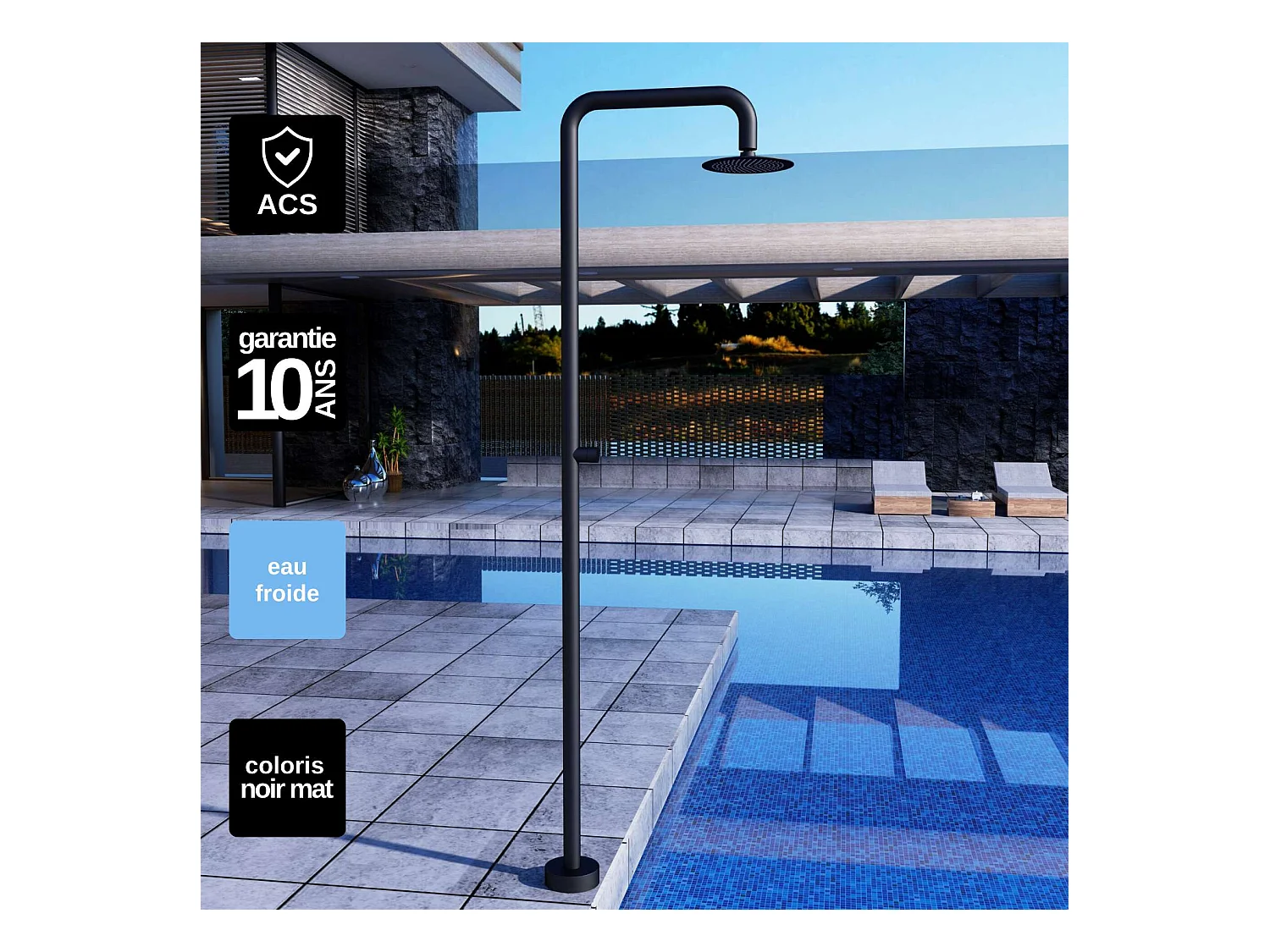 Douche de piscine Oregon en Acier Inox.S316 Noir Mat – Tête Ø25cm /Corps Ø50mm/H. 2,34m – Garantie 10 ans - POOLIMEX