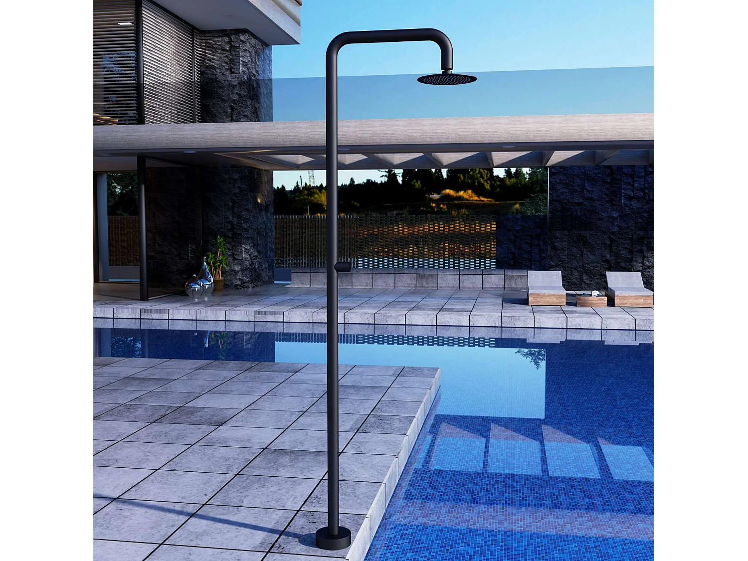 Douche de piscine Oregon en Acier Inox.S316 Noir Mat – Tête Ø25cm /Corps Ø50mm/H. 2,34m – Garantie 10 ans - POOLIMEX