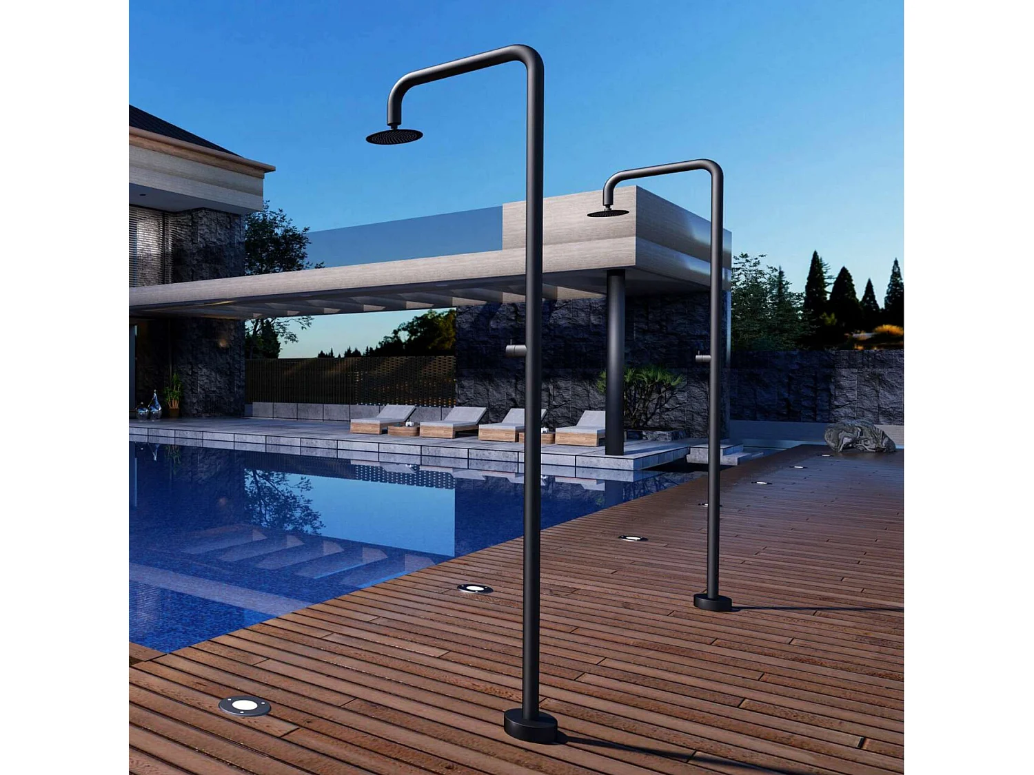 Douche de piscine Oregon en Acier Inox.S316 Noir Mat – Tête Ø25cm /Corps Ø50mm/H. 2,34m – Garantie 10 ans - POOLIMEX