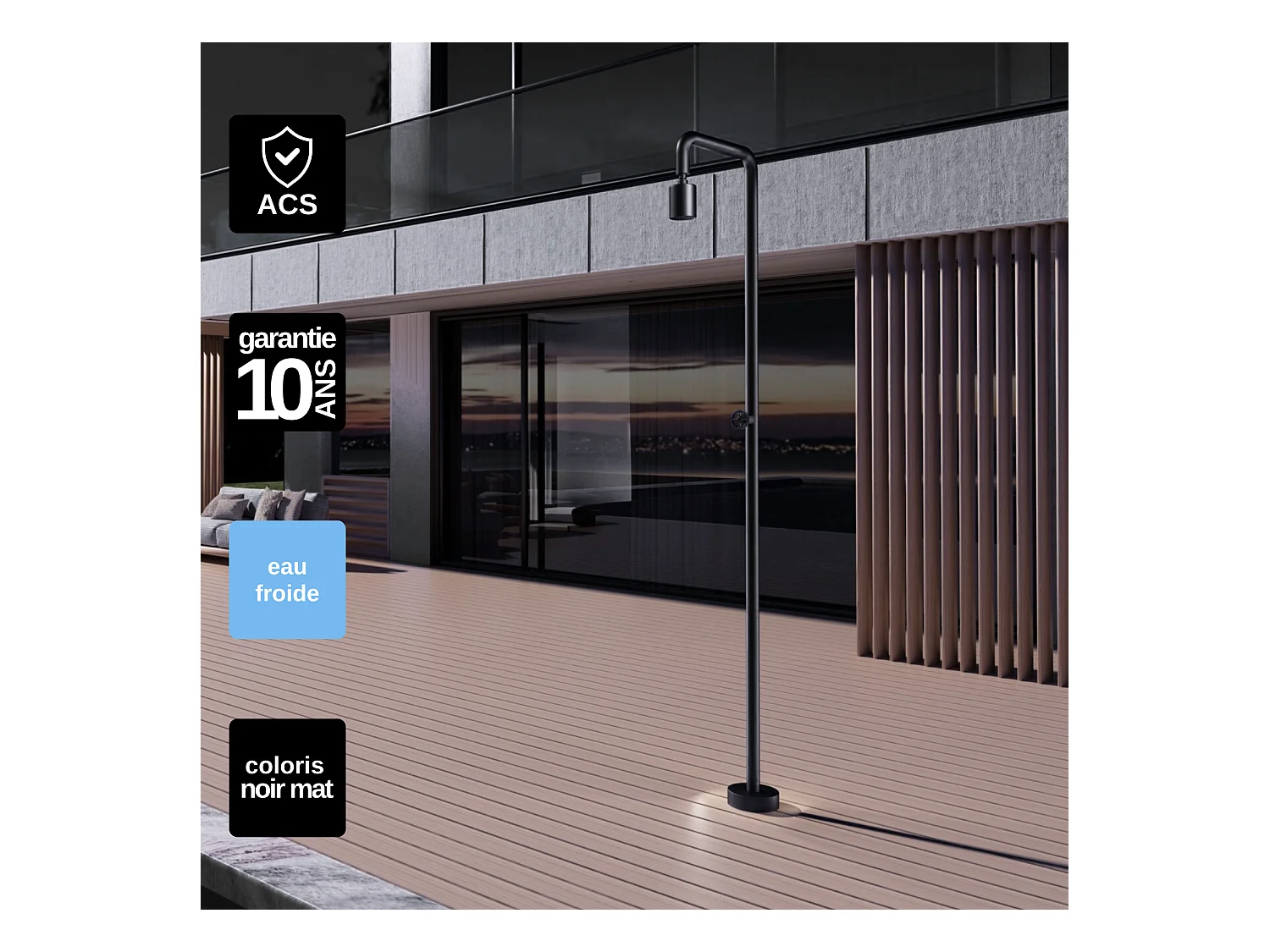 Douche de piscine Pool en Acier Inox.S316  Noir Mat – Tête Ø80mm /Corps Ø42mm/H. 2,36m – Garantie 10 ans - POOLIMEX