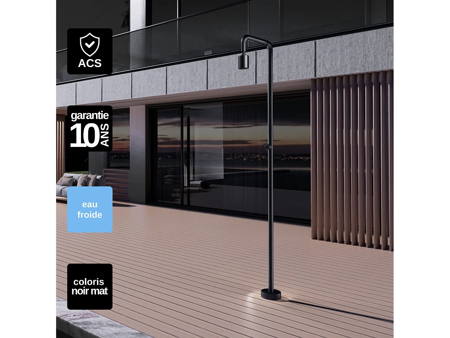 Douche de piscine Pool en Acier Inox.S316  Noir Mat – Tête Ø80mm /Corps Ø42mm/H. 2,36m – Garantie 10 ans - POOLIMEX