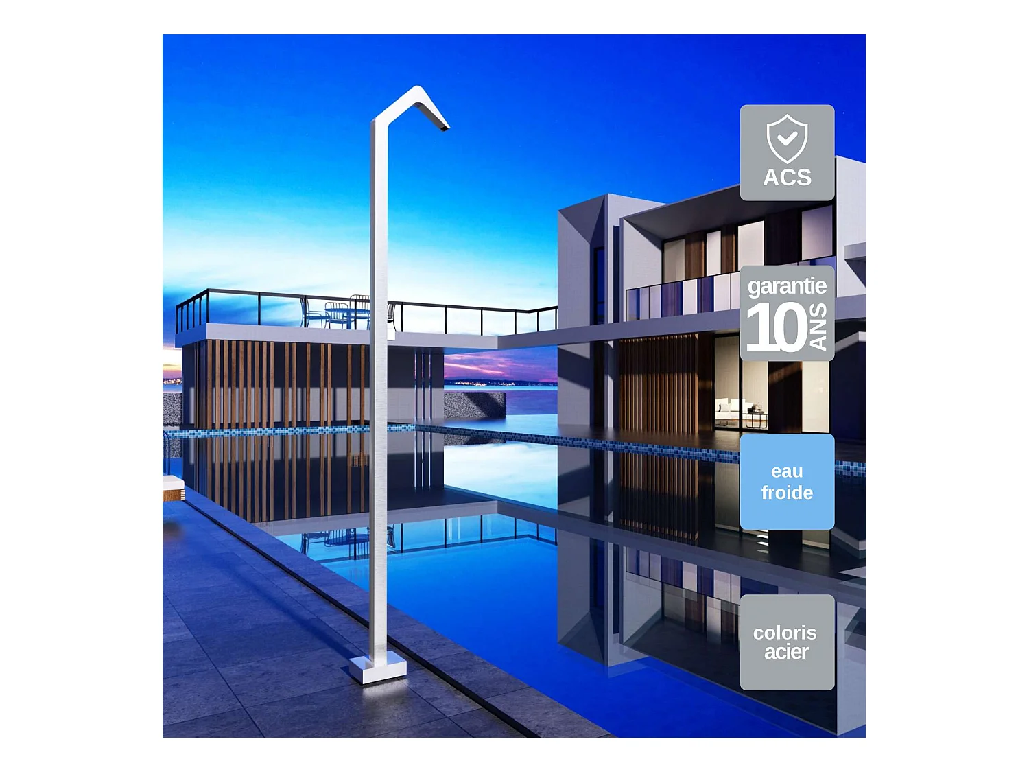 Douche de piscine Niagara en Acier Inox.S316 – Tête 60x45mm /Corps 60x45mm/H. 2,18m – Garantie 10 ans - POOLIMEX