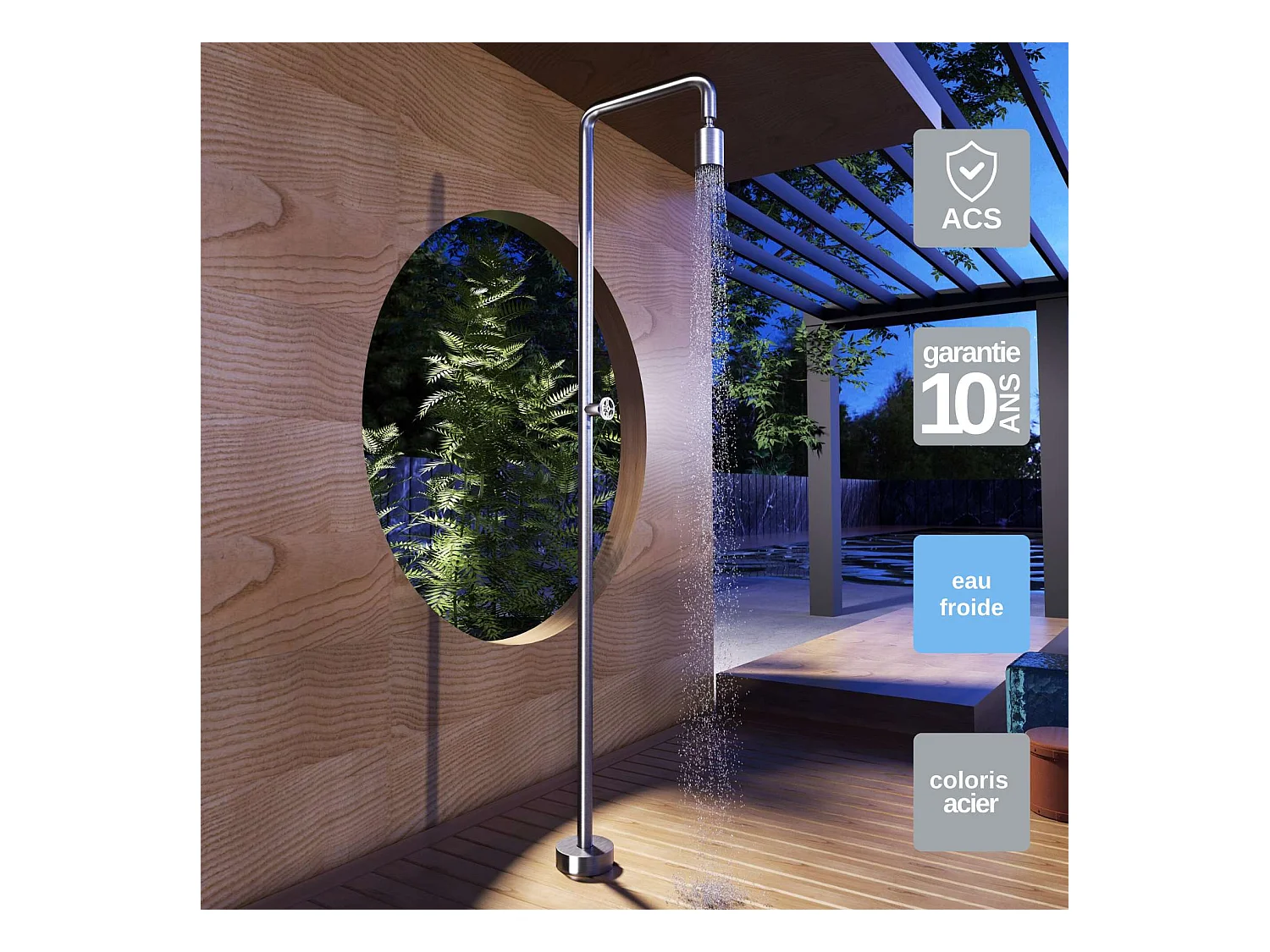 Douche de piscine Pool en Acier Inox.S316 – Tête Ø80mm /Corps Ø42mm/H. 2,36m – Garantie 10 ans - POOLIMEX