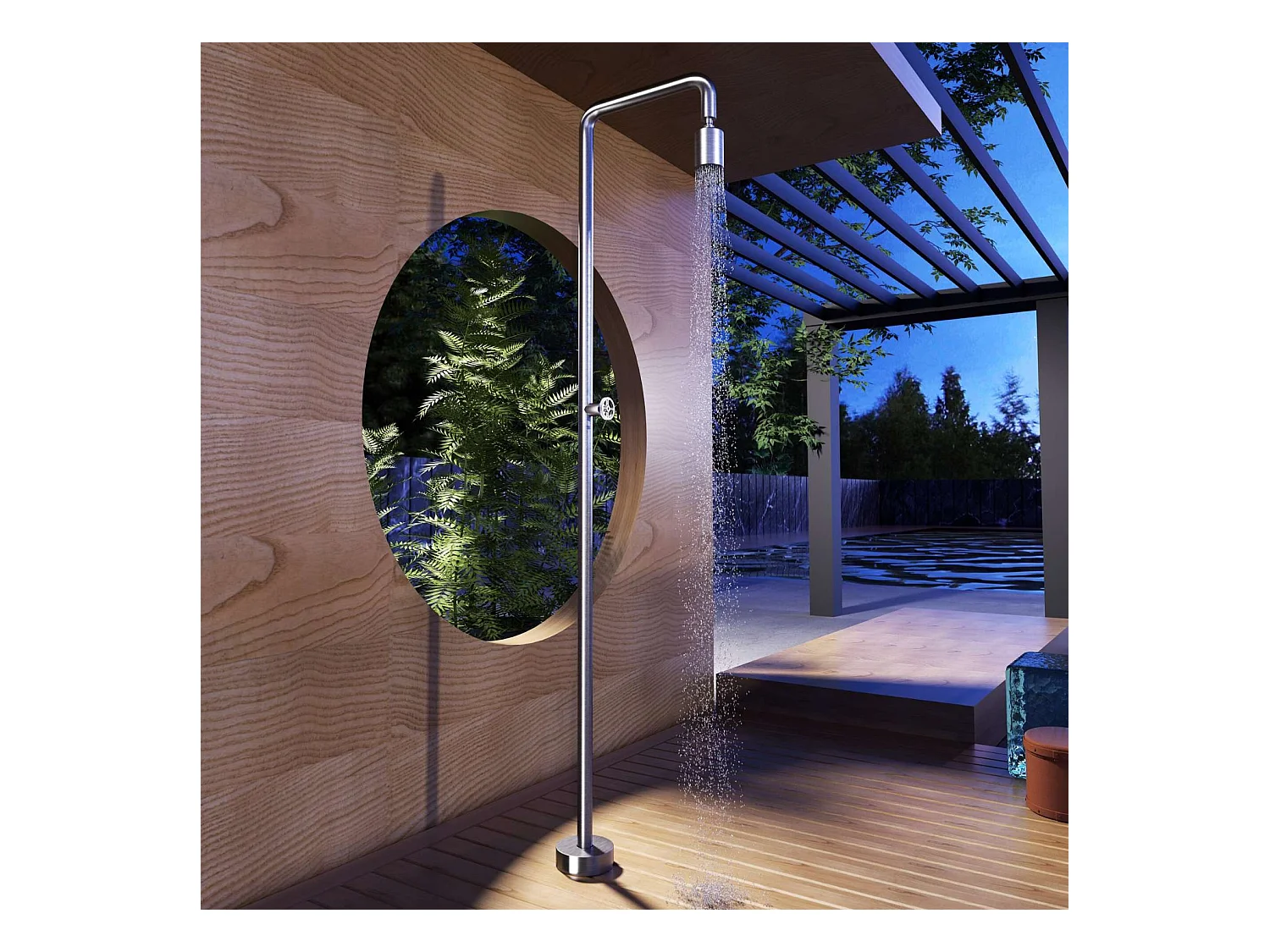 Douche de piscine Pool en Acier Inox.S316 – Tête Ø80mm /Corps Ø42mm/H. 2,36m – Garantie 10 ans - POOLIMEX