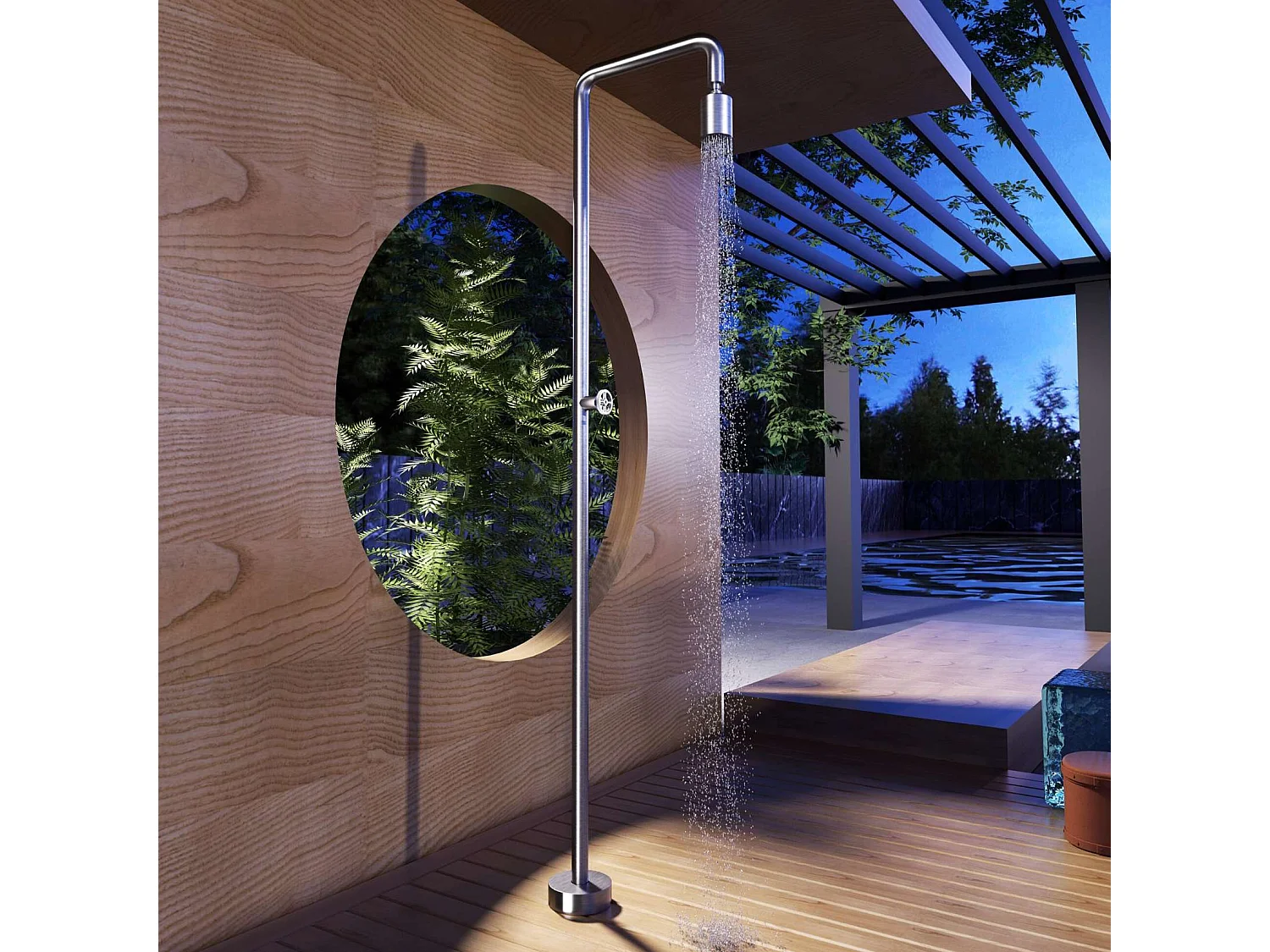 Douche de piscine Pool en Acier Inox.S316 – Tête Ø80mm /Corps Ø42mm/H. 2,36m – Garantie 10 ans - POOLIMEX