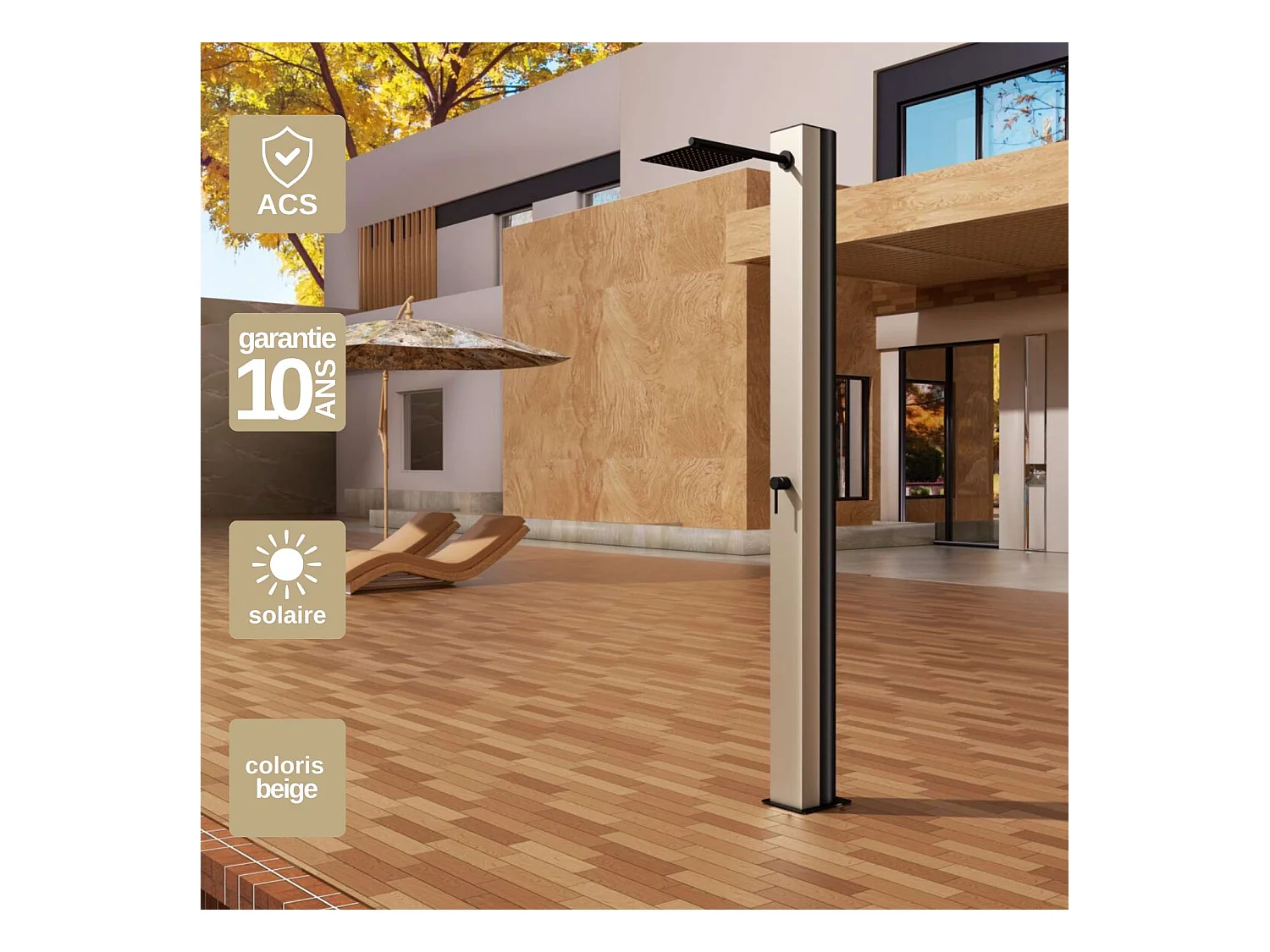 Douche de piscine Phoénix en Acier Inox.S316 Moka - Solaire – Tête 25x25cm /Corps 20x20cm/H.2,21m – POOLIMEX