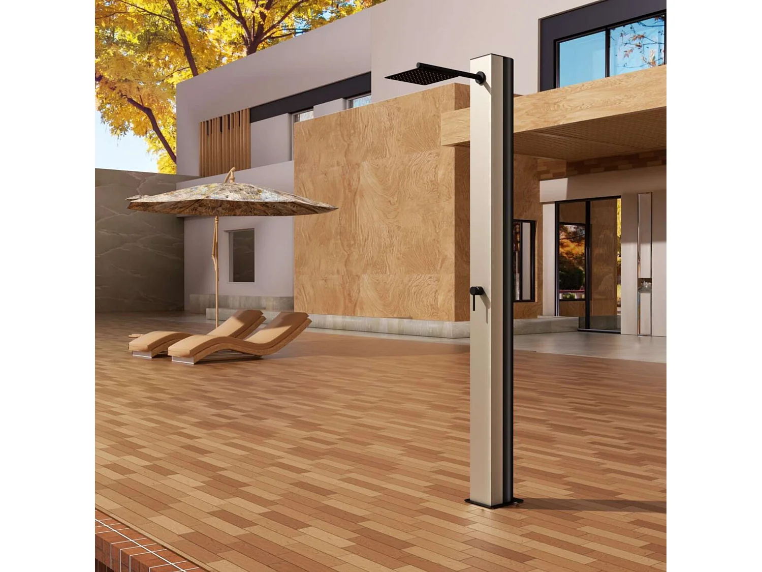 Douche de piscine Phoénix en Acier Inox.S316 Moka - Solaire – Tête 25x25cm /Corps 20x20cm/H.2,21m – POOLIMEX