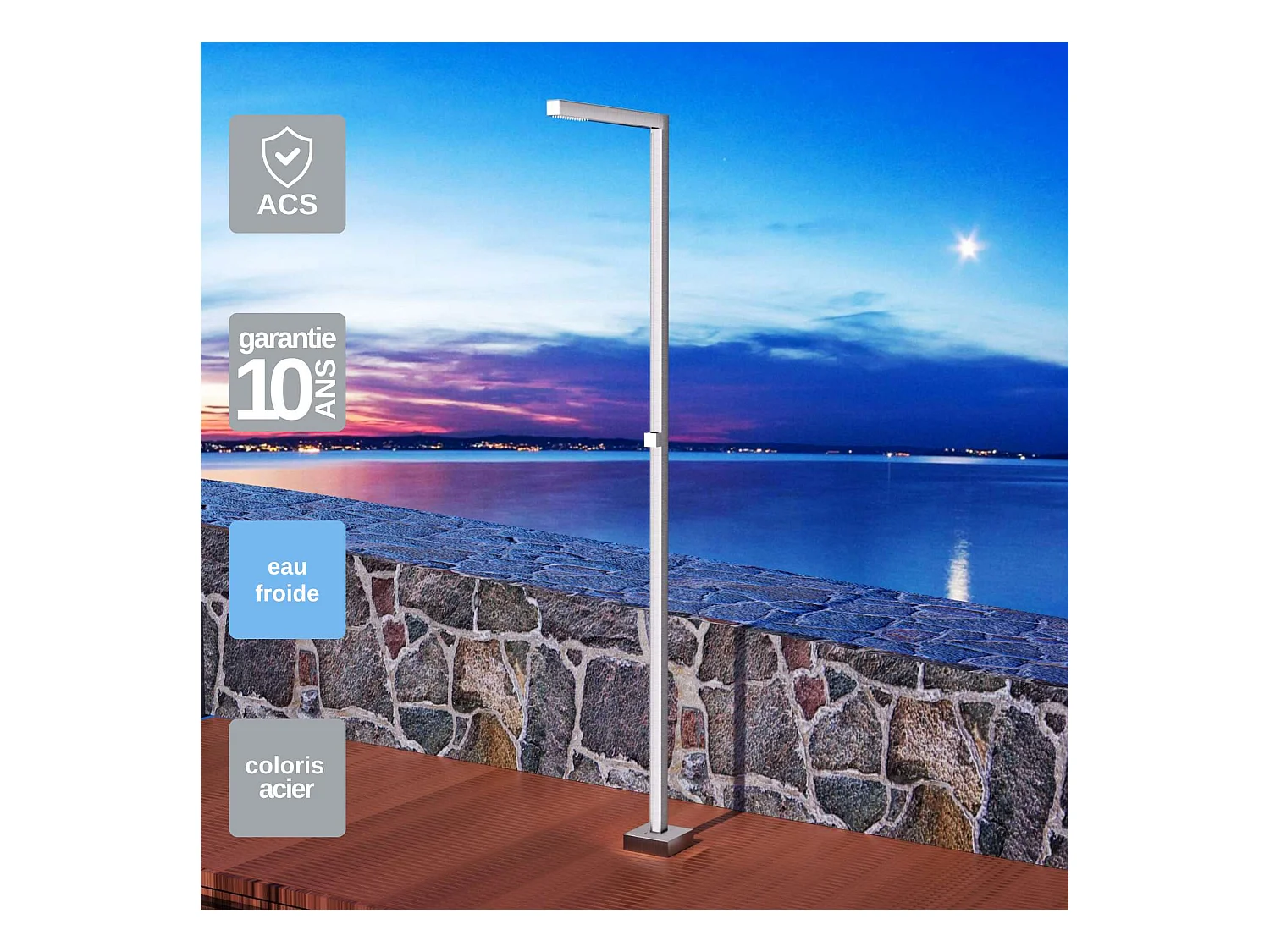 Douche de piscine Alabama en Acier Inox.S316 – Tête 40x40mm /Corps 40x40mm/H. 2,25m – Garantie 10 ans - POOLIMEX