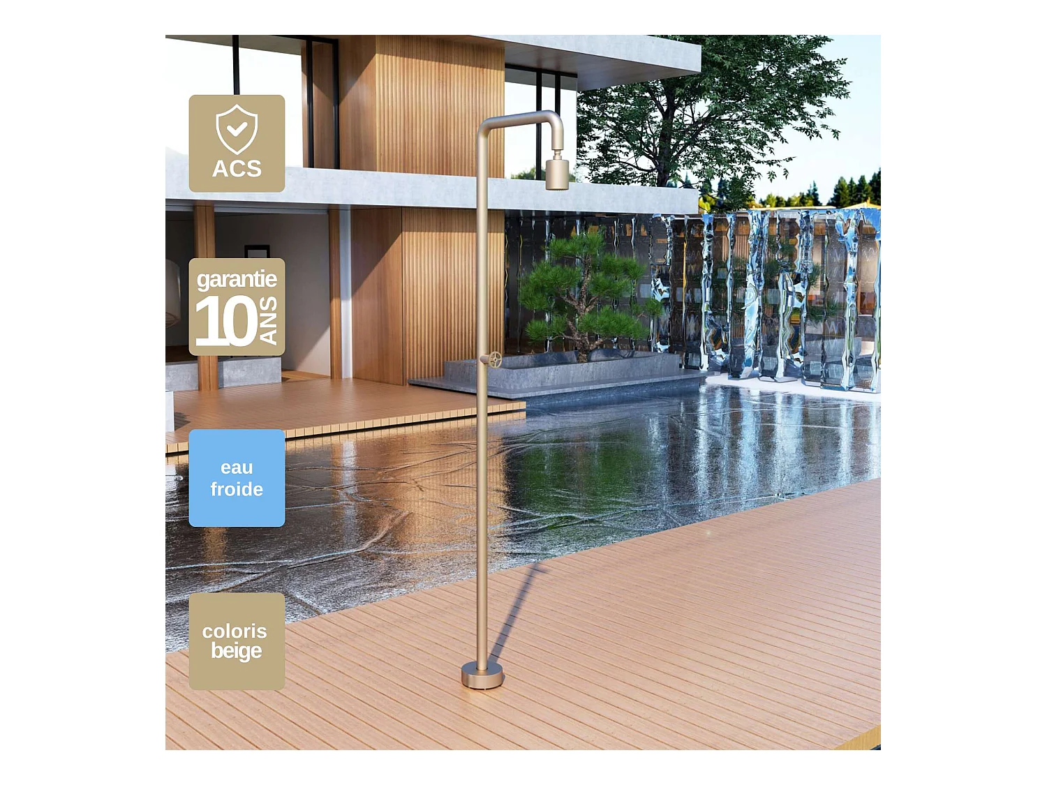 Douche de piscine Pool en Acier Inox.S316  Moka – Tête Ø80mm /Corps Ø42mm/H. 2,36m – Garantie 10 ans - POOLIMEX