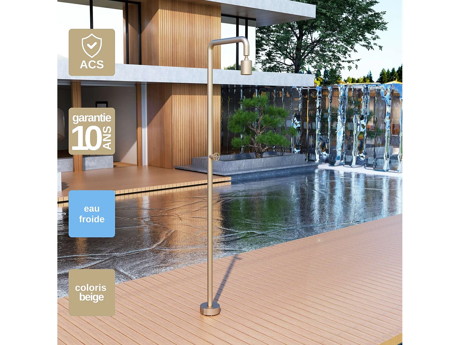 Douche de piscine Pool en Acier Inox.S316  Moka – Tête Ø80mm /Corps Ø42mm/H. 2,36m – Garantie 10 ans - POOLIMEX