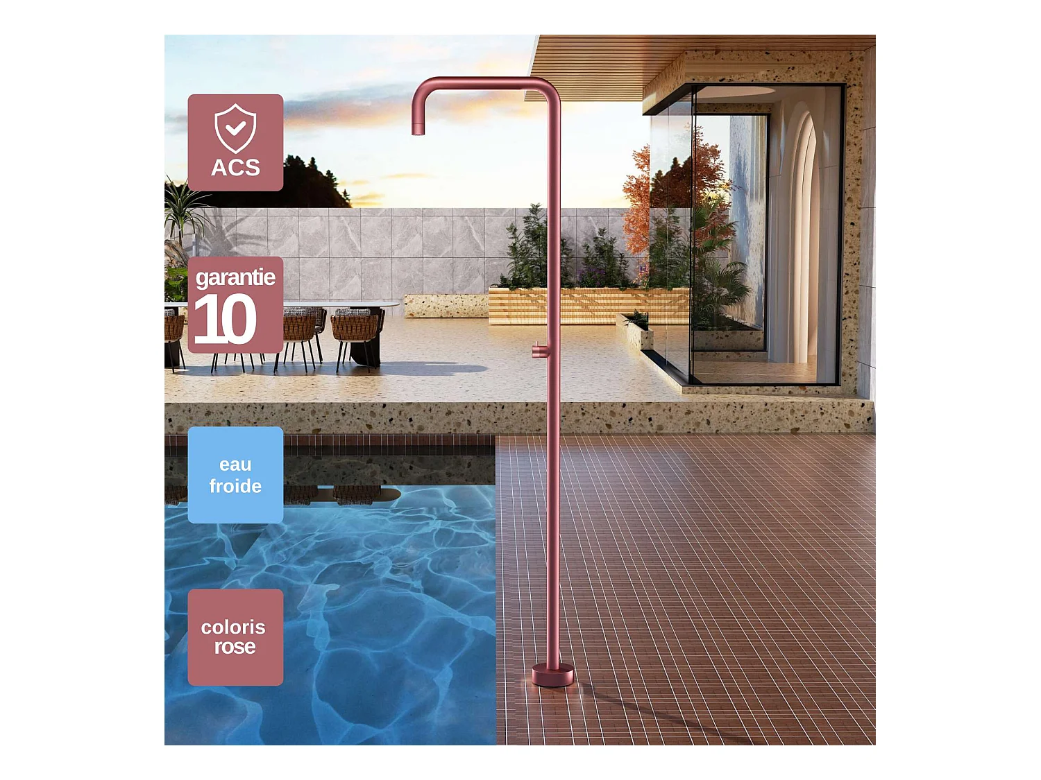 Douche de piscine Utah en Acier Inox.S316 Rose Corail – Tête Ø50cm /Corps Ø50mm/H. 2,36m – Garantie 10 ans - POOLIMEX